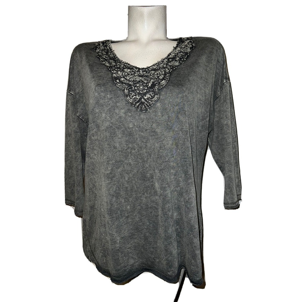 New Christopher & Banks Petite XL Gray Acid Wash Lace V-Neck Tunic Top NWT